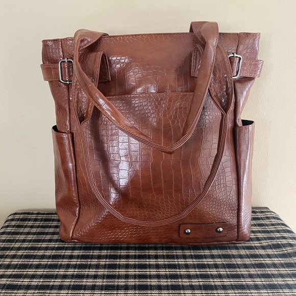 unbranded Handbags - New Brown Faux Crocodile Embossed Lrg Tote Bag Synthetic Work Travel Purse #303